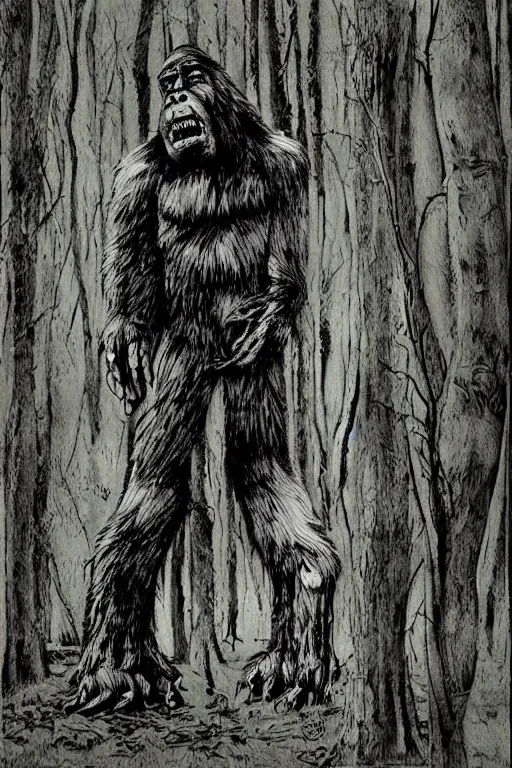 Image similar to mad bigfoot screaming in the woods artwork by ben templesmith