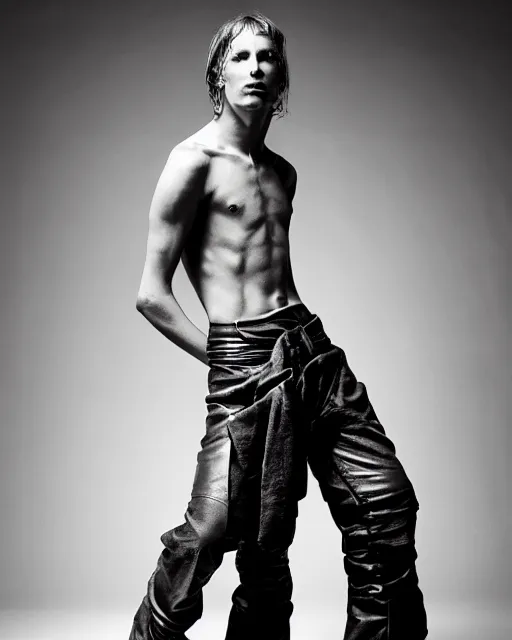 Image similar to an award - winning photo of an ancient male model wearing a plain boot cut flared distressed medieval designer menswear leather trousers designed by alexander mcqueen, 4 k, studio lighting, wide angle lens, 2 0 0 4