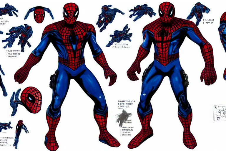 Image similar to concept blueprints for a spiderman venom ironman starlord deadpool suit and helmet
