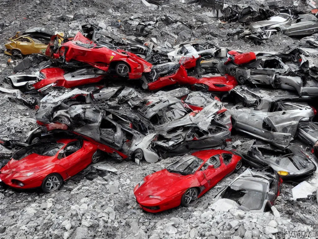 Image similar to crashed ferraris, 3 model lines on top of mount everest