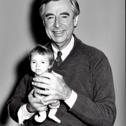 Image similar to mr. rogers proudly displaying a pint - sized slimy flesh demon. 1 9 7 0 s studio photo.