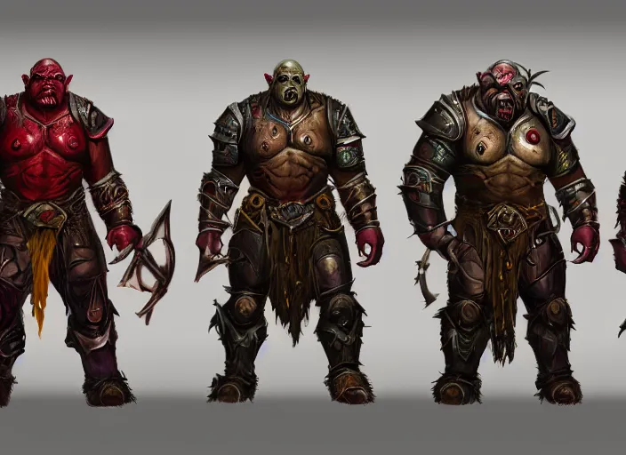 Image similar to three different views of orcs in armour, colourful digital concept art by senior character artist, trending on artstation, artstation hd, full body, ultra - realistic! intricate!