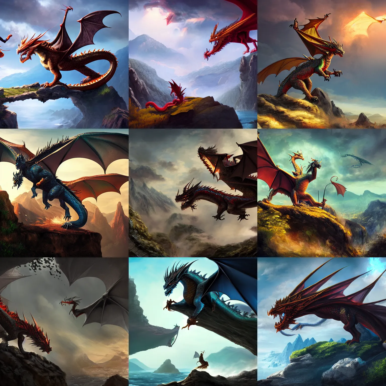 Prompt: dragon attacking people on a cliff, sunny, fantasy art, concept art, epic, 4 k