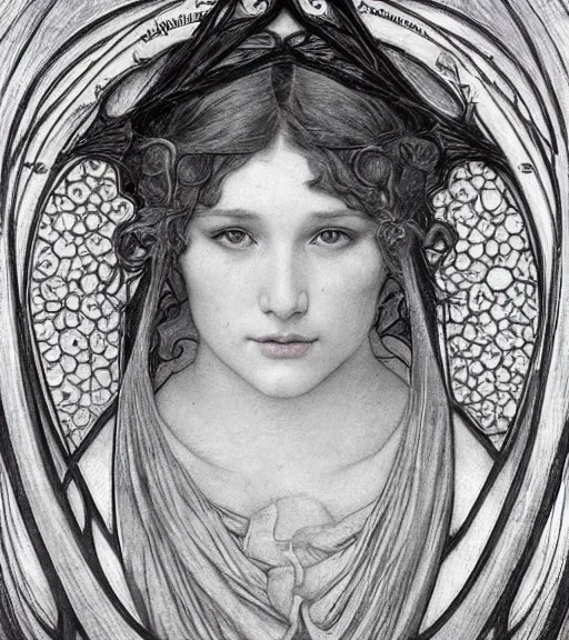 Image similar to detailed realistic beautiful young medieval queen face portrait by jean delville, alphonse mucha, vincent van gogh, and marco mazzoni, art nouveau, symbolist, visionary, gothic, pre - raphaelite