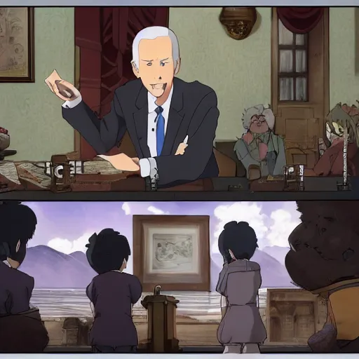 Prompt: screenshots of the Miyazaki anime movie Joe Biden Goes on an Adventure