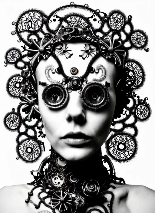 Image similar to surreal black and white photo portrait of complex bio-mechanical beautiful young female vegetal-cyborg with a Mandelbrot fractal steampunk metal fine lace face, curled silver hair and a fine metal floral foliage super big lace collar by Alexander McQueen:: high fashion, haute couture, rococo, steampunk, silver filigree details, anatomical, facial muscles, cable wires, microchip, elegant, hyper realistic, 150 mm lens, soft rim light, octane render, unreal engine, volumetric lighting, 8k,