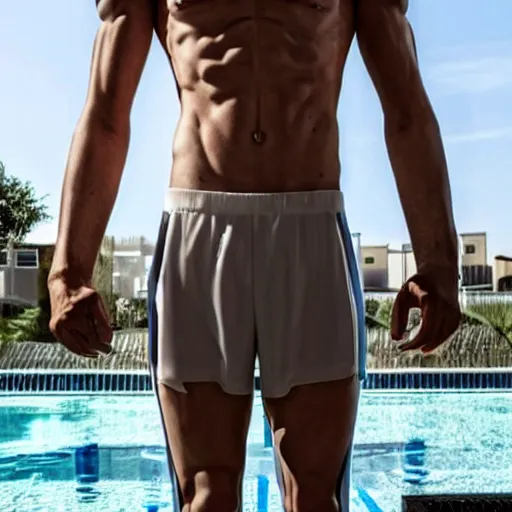 Image similar to a realistic detailed photo of a guy who is an attractive humanoid who is half robot and half humanoid, who is a male android, soccer player martin ødegaard, shiny skin, posing like a statue, blank stare, by the pool, on display, showing off his muscles