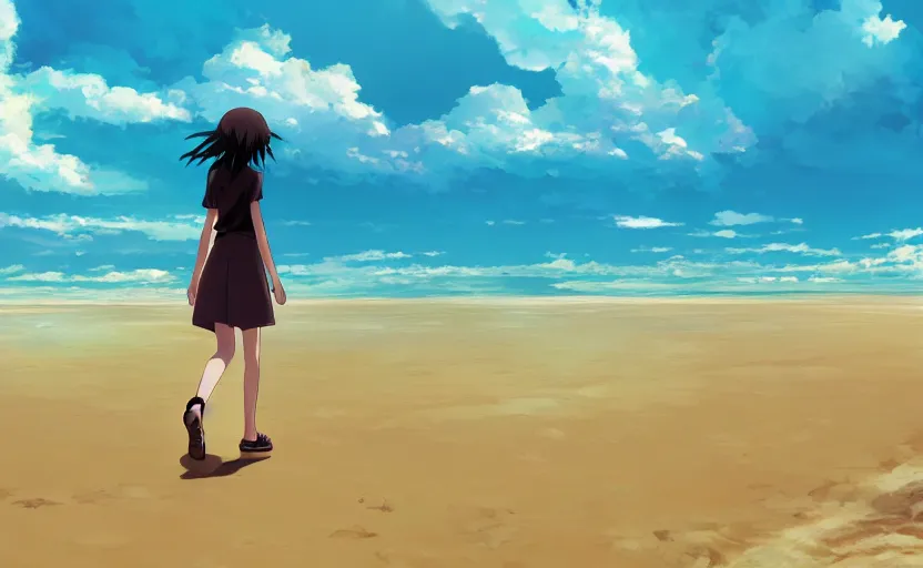 Image similar to An anime girl walking barefoot through the sand on a beach alone, anime scenery by Makoto Shinkai, digital art