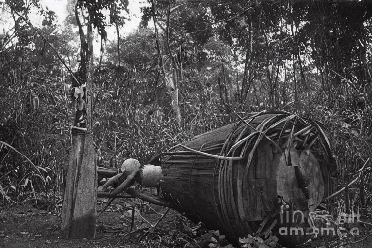 Image similar to a 1 9 0 5 colonial closeup photograph of a wooden moon rocket in a village at the river bank of congo, thick jungle, scary, evil looking, wide angle shot