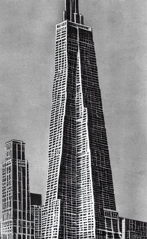 Prompt: the sears tower in chicago redesigned by frank lloyd wright