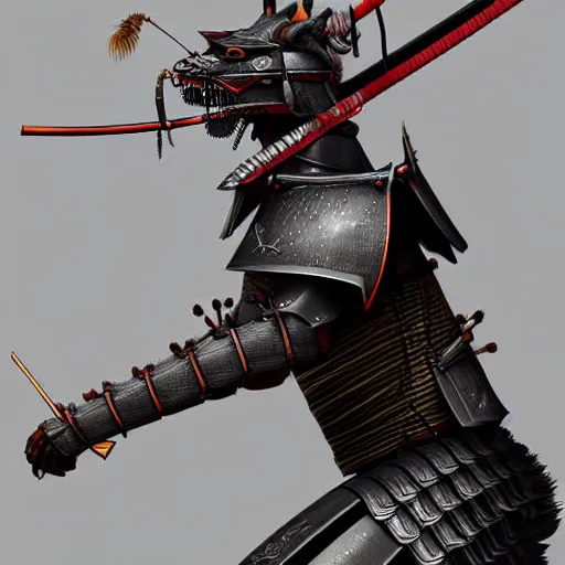 Image similar to a digital painting showing a sculpture of a samuraicat in an insect armor, very detailed, trending on artstation, realistic painting. extremely detailed, insane detail, dramatic lighting, concept art, zbrush, photoshop, awardwinning