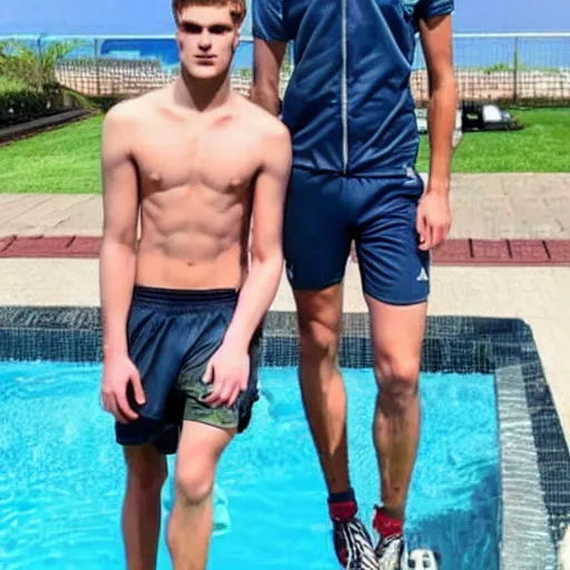 Image similar to a realistic detailed photo of a guy who is an attractive humanoid who is half robot and half humanoid, who is a male android, soccer players martin ødegaard & timo werner, shiny skin, posing like a statue, blank stare, by the pool, on display, showing off his muscles