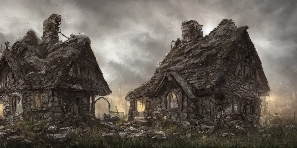 Prompt: ruined cottage, apocalypse, hyperrealistic, grimdark, artstation