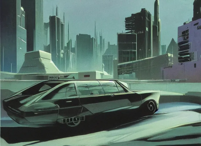 Image similar to a sedan car in a city. style by frank frazetta, peter elson, and eyvind earle.