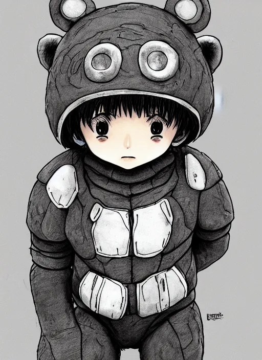 Image similar to beautiful little boy wearing an cyborg bear suit, artwork in kentaro miura and made in abyss and rosdraws, smooth, beautiful lightness, anatomically correct, trending on pixiv, forest