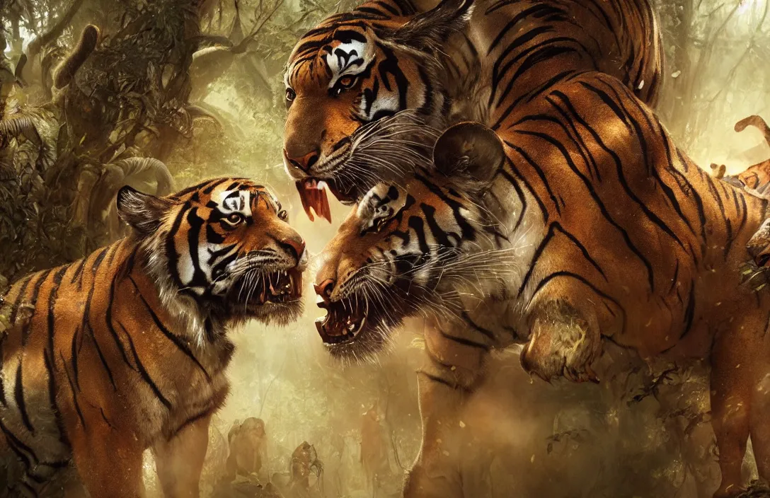 Prompt: tigers eating a succubus eaten by tigers in an ancient bioluminescent forest, ana de armas, flawless symmetrical pretty cute face kissing ecstacy, greg rutkowski, 8 k, shallow depth of field, intricate detail, concept art,