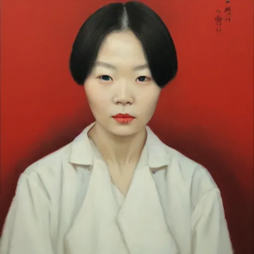 Prompt: portrait of a woman wearing white and red, oil painting by leng jun.