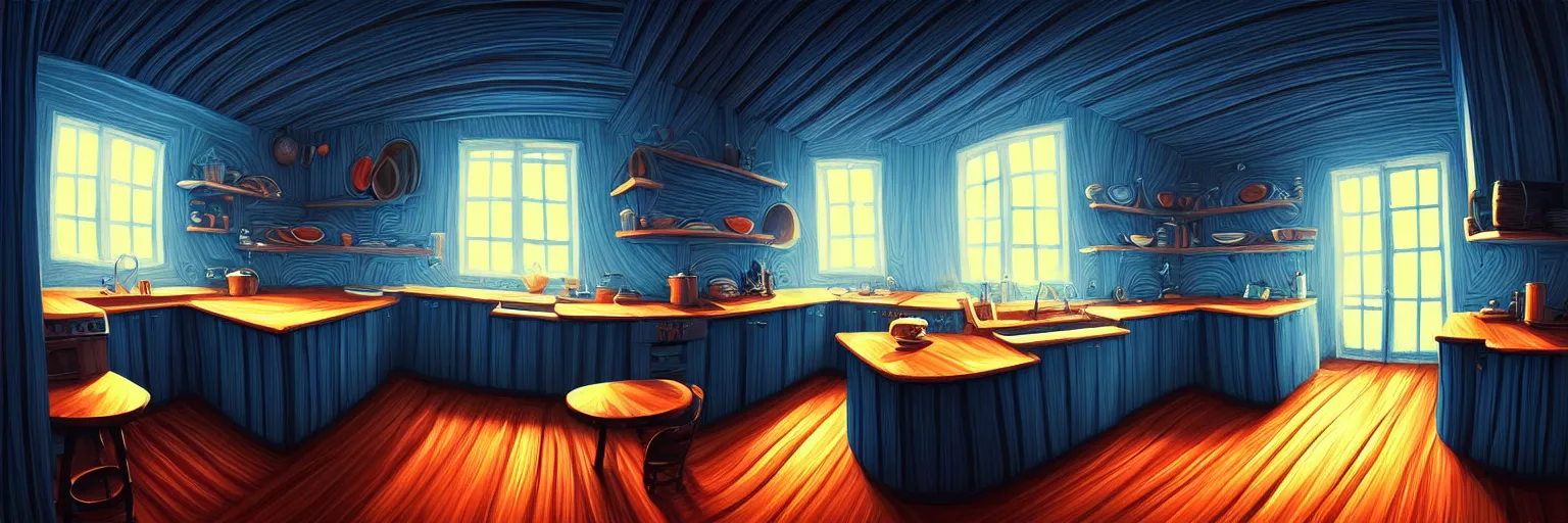 Image similar to fisheye spiral lines, naive, extra narrow, detailed illustration of a kitchen, large floor, dimly lit by rhads from lorax movie, trending artstation, wood texture dark blue tones