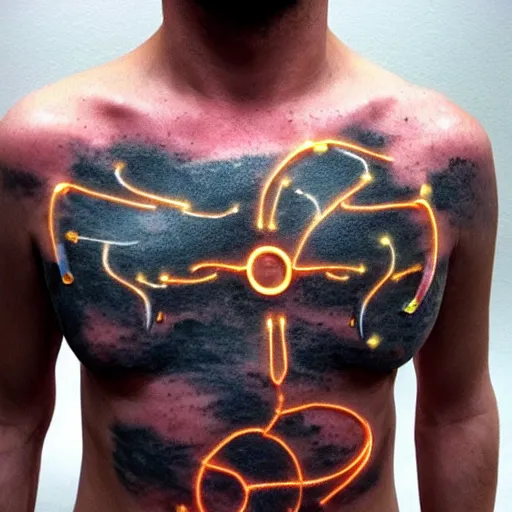 Prompt: chest tattoo of a hole in the skin with a metallic robot mechanic inside under the skin, glowing cables and tubes, insanely integrate,