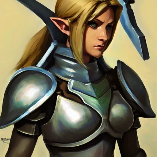 Image similar to greg manchess portrait painting of armored female link from legend of zelda as overwatch character, medium shot, asymmetrical, profile picture, organic painting, sunny day, matte painting, bold shapes, hard edges, street art, trending on artstation, by huang guangjian and gil elvgren and sachin teng