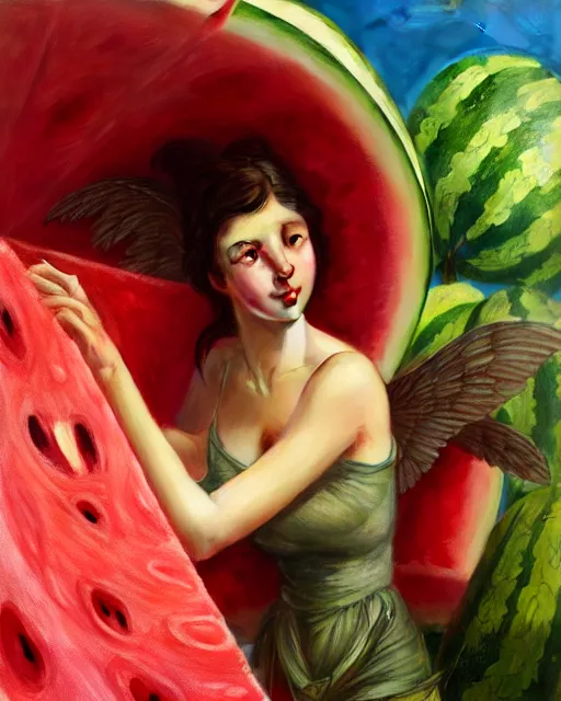 Image similar to an angel living inside a giant watermelon, watermelon house, posing, highly detailed, digital painting, artstation, concept art, smooth, sharp focus, illustration, art by artgerm and greg rutkowski and alphonse mucha