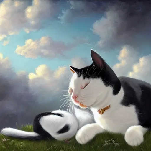 Image similar to a black and white cat and a calico cat sleeping peacefully together in cat heaven, puffy clouds, dreamy, painted by Tyler Edlin