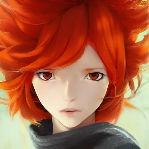 Image similar to portrait of anime pixie character with curly orange hair, manga cover, highly detailed, digital painting, artstation, concept art, sharp focus, illustration, strong brush stroke, anime, art by greg rutkowski, ilya kuvshinov, sharp focus, ghibli studio, art by ilya kuvshinov, rossdraws