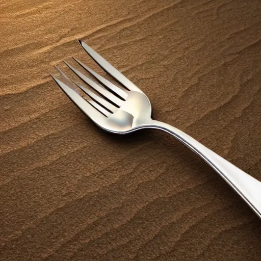 Image similar to a hyperdetailed fork made of sand, 3 d render, ultra high detail, octane render, rtx, hdr, the fork has a sand texture, the fork is on a plate, the plate is on a wooden table.