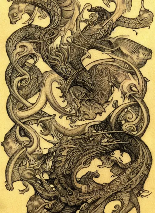 Prompt: traditional tattoo illustration of koi fish, in the style of mc escher, austin osman spare, wayne barlowe, gustav moreau, goward, gaston bussiere and roberto ferri, santiago caruso, bouguereau, klimt, saturno butto, sorayama. occult art, alchemical diagram