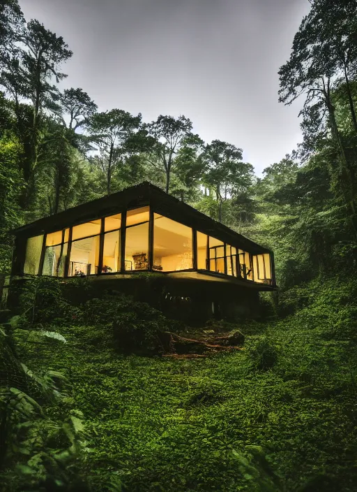 Prompt: an exquisite holiday home in the middle of a lush forest, visible through the lush overgrowth, architectural photography, dark and dim lighting, beautiful, tranquil, moody, cinematic, fantasy, 3 5 mm lens, volumetric lighting, first person view, photographic render, hyper realistic