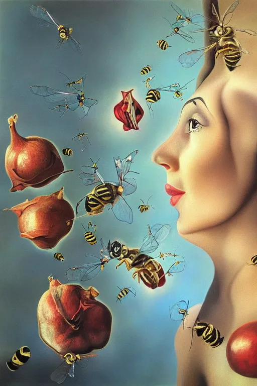 Prompt: a dream within a dream within a dream caused by the flight of a bee around a pomegranate a second before waking by salvador dali, hyperrealistic oil painting, trending on artstation, hyperdetailed, masterpiece