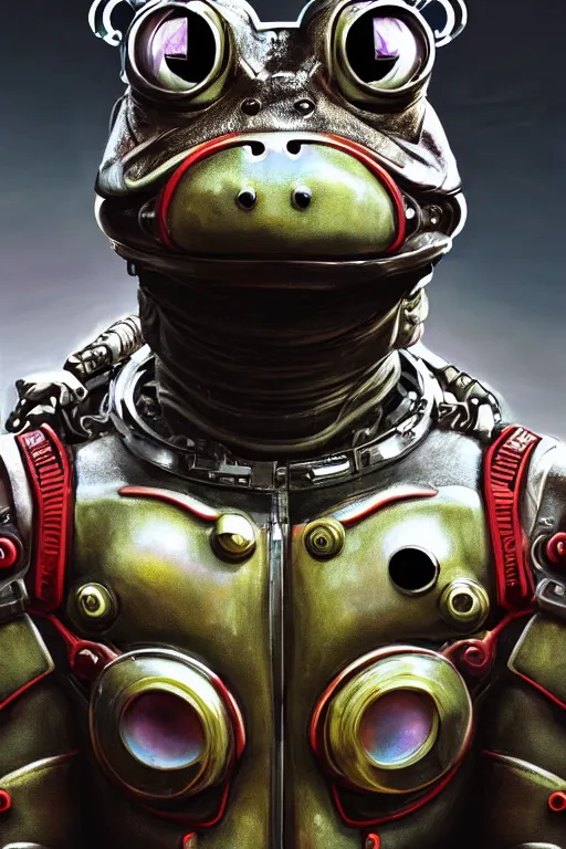 Image similar to a portrait of a muscular anthropomorphic cyberpunk frog in spacesuit armor with ensignia on chest plate by sandra chevrier, by jon foster, detailed render, post - processing, extremely hyperdetailed, intricate, epic composition, cybernetics, 4 k realistic, cryengine, realistic shaded lighting, sharp focus, masterpiece, by enki bilal