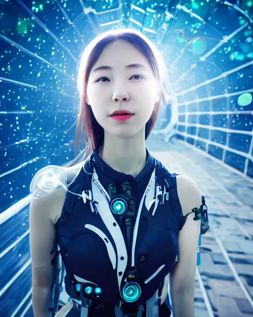 Prompt: beautiful centered photo portrait of korean girl as a solarpunk cyborg with white mechanical parts and implanted bright halogen lamps, treading on calm water, ultra - realistic and detailed, sun lit, white background, bokeh, soft focus, slow exposure hdr 8 k