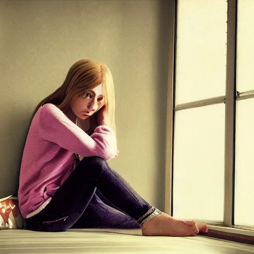 Prompt: a pretty young skinny woman who is very depressed and feeling hopeless sitting in the corner of her room waiting for The End. fractal lighting. machine shadowing. an amazing illustration by the greatest living illustrators of Japan. ultra detail. ultra shadowing. ultra graphics. ray tracing graphics. supreme colors. ultra image. perfect lighting. perfect pose. uplifting image. hopeful image. she has soft features, feminine features, cute face, long black hair, wearing a tye dye t-shirt and short black shorts. close up of her face. looking at camera askance. life-like illustration.