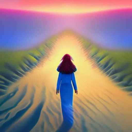 Image similar to closeup giant dahlia flower covering head, a girl walking between dunes, surreal photography, sunrise, blue sky, dramatic light, impressionist painting, digital painting, artstation, simon stalenhag