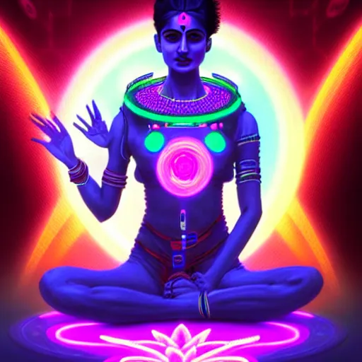 Prompt: Futuristic Cyberpunk laxmi Indian Goddess with Four Hands wearing a spacesuit sitting on a Lotus, sci-fi, neon colors, neon lights, fantasy, intricate, beautiful, elegant, attractive, highly detailed, digital painting, artstation, masterpiece, concept art, smooth, sharp focus, unreal engine 5, WLOP, Octane render, Symmetric, art by artgerm, hajime sorayama, William-Adolphe Bouguereau