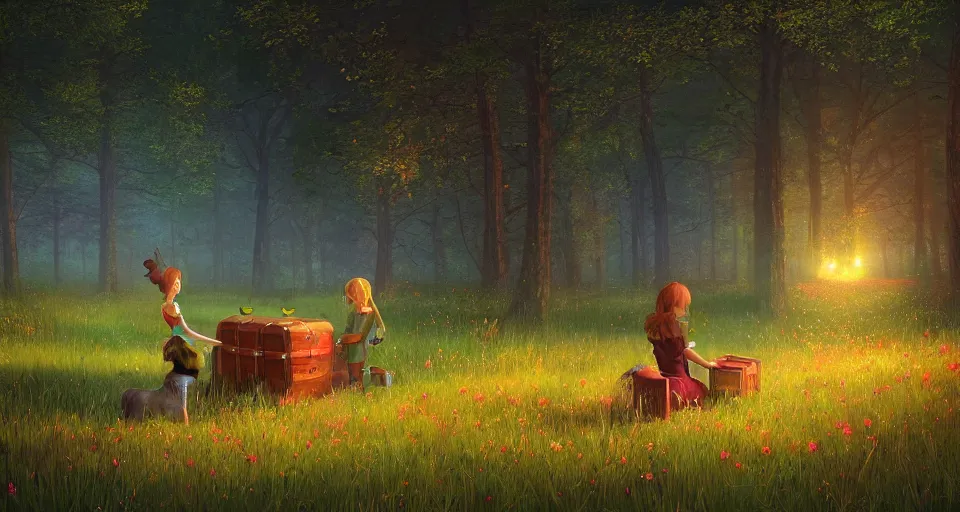 Image similar to Enchanted and magic forest, a glowing treasure chest sits in a meadow by ilya kuvshinov