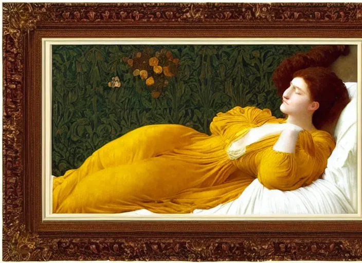 Prompt: portrait of lady reclining on bed wearing yellow ochre ornate medieval dress, foreshortening, framed, preraphaelite colour photography by frederic leighton, william morris, 8 k