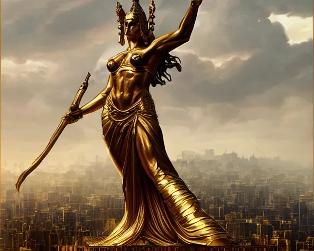 Image similar to imposing colossal golden statue of the goddess of justice, a fantasy digital painting by Greg Rutkowski and James Gurney, trending on Artstation, highly detailed