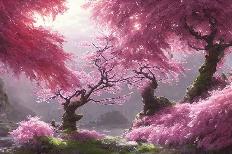 Image similar to highly detailed concept art of a sakura plum tree made with water, overgrowth, Artgerm, Ferdinand Knab, Makoto Shinkai