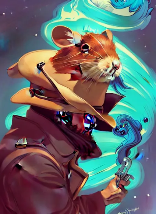 Image similar to style artgerm, joshua middleton, illustration, anthropomorphic hamster as cowboy steampunk, blue fur, swirling water cosmos, fantasy, dnd, cinematic lighting