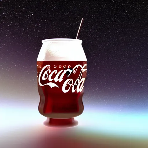 Prompt: a glass of coca cola floating in space