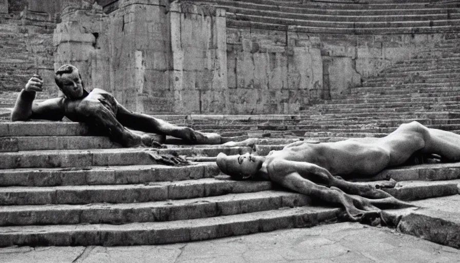 Image similar to 1 9 6 0 s movie still close - up of caligula laying dead on the ancient amphitheater's stairs blood flaque, cinestill 8 0 0 t 3 5 mm, high quality, heavy grain, high detail, dramatic light, anamorphic