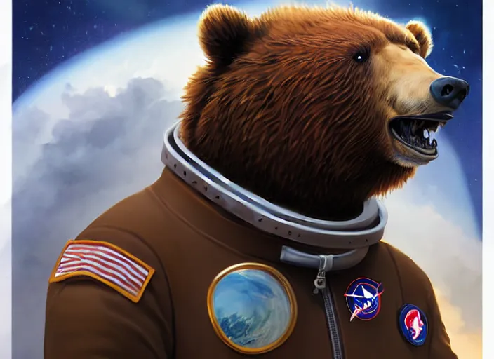 Image similar to character portrait feature of the anthro male anthropomorphic kamchatka brown bear fursona wearing cosmonaut outfit uniform professional pilot astronaut cosmonaut spirited disciplined character design stylized by charlie bowater, ross tran, artgerm, and makoto shinkai, detailed, soft lighting, rendered in octane