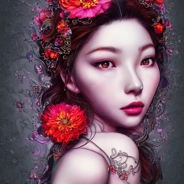 Image similar to studio portrait absurdly beautiful, elegant, lovely, young hypercolorful sensual gravure idol rubies red petals gems, ultrafine hyperrealistic detailed face illustration by kim jung gi, irakli nadar, intricate linework, sharp focus, bright colors, matte, octopath traveler, final fantasy, unreal engine highly rendered, global illumination, radiant light, intricate rainbow environment