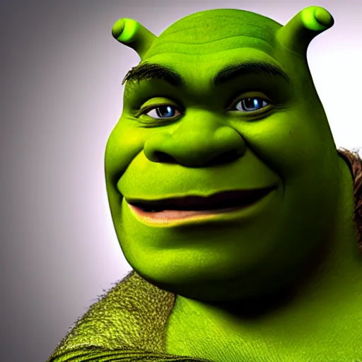 Prompt: Shrek with red eyes, head shot