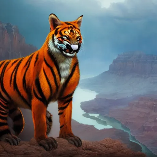 Image similar to Red Tiger Tiger Fox Beast Chimera Hybrid collar wearing feather crest paws tail eyes furry fuzzy standing atop grand canyon greg rutkowski greg danton tony sart raymond swanland chris foss chris cold christophe norman rockwell young acrylic 4k artstation wikiart wikipedia realism tilt-shift aspca national geographic