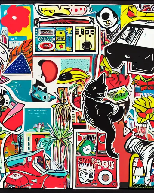 Prompt: small pop art collage mural with a cat, skateboard, boombox, american flag, a large taco, and a bird of paradise plant, by Alex Yanes