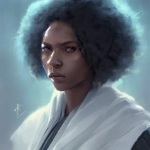 Image similar to portrait of a woman by greg rutkowski, young jedi knight, black, afro hair, prettt, star wars expanded universe, she is about 2 0 years old, wearing jedi robes, highly detailed portrait, digital painting, artstation, concept art, smooth, sharp foccus ilustration, artstation hq