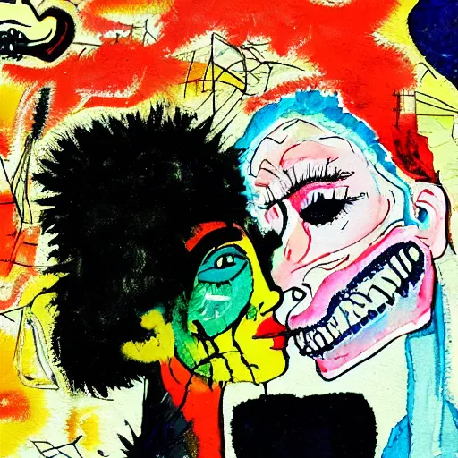 Prompt: watercolor painting of a closeup of two bizarre psychedelic scary women kissing in japan in winter, speculative evolution, mixed media collage by basquiat and jackson pollock, maximalist magazine collage art, sapphic art, psychedelic illustration